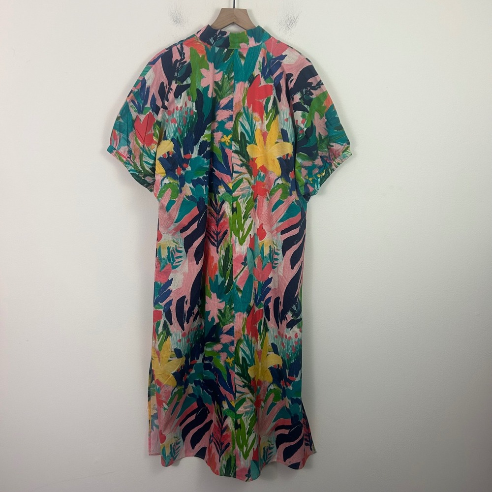 Entro Floral Maxi Dress Coral Combo Cotton Split Neck Large NEW - Picture 2 of 10